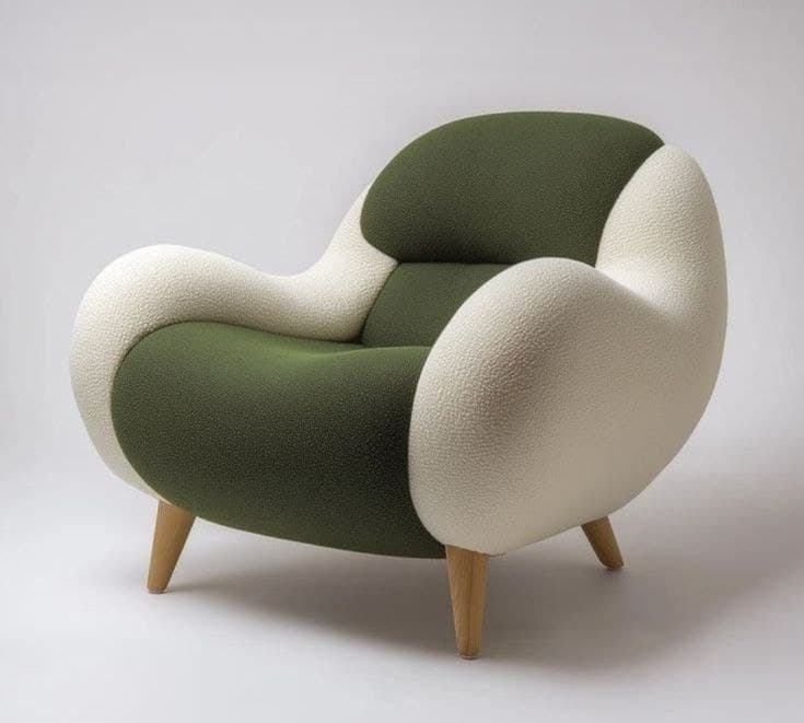 Green and cream bouclé armchair with wooden legs