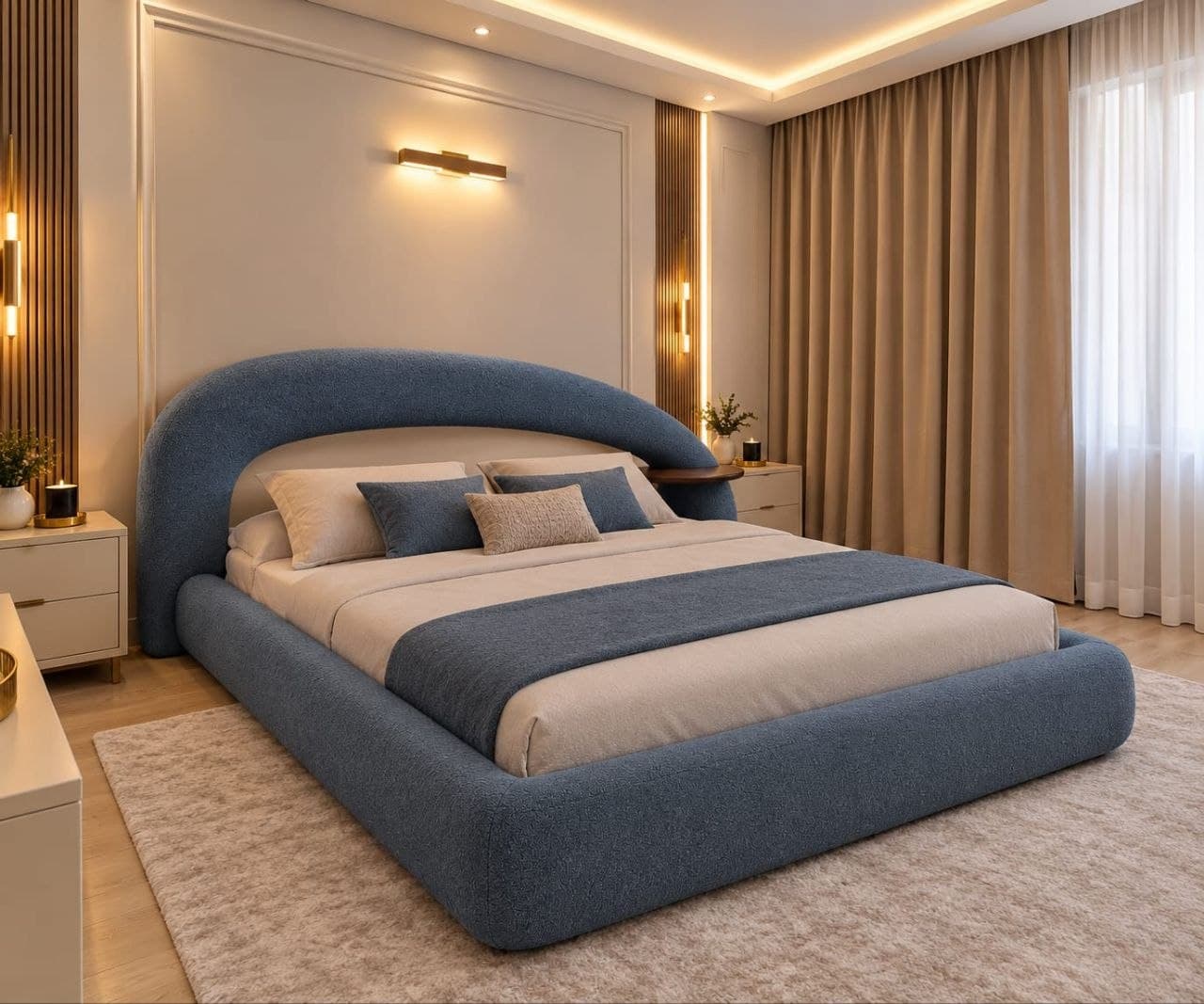 Blue bouclé bed with arched headboard in contemporary bedroom